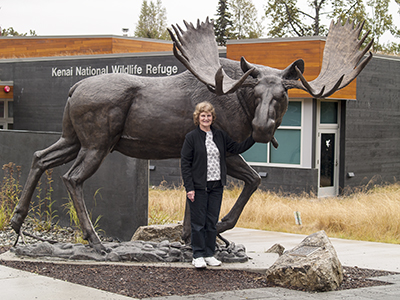 Bev with moose at the Kenai National Wildlife Refuge Visitor Center